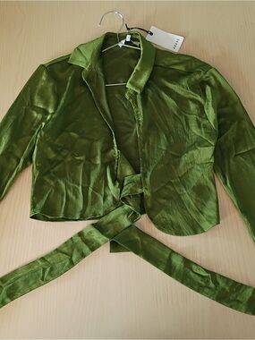 Ro & De Olive Green Tie-Front Satin Jacket